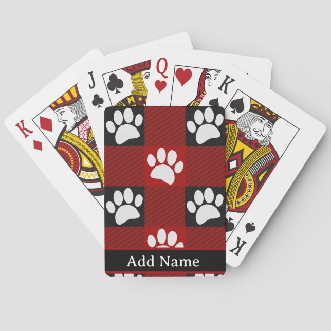 Dog Paw Print Buffalo Plaid In Black and Red Playing Cards (Back)
