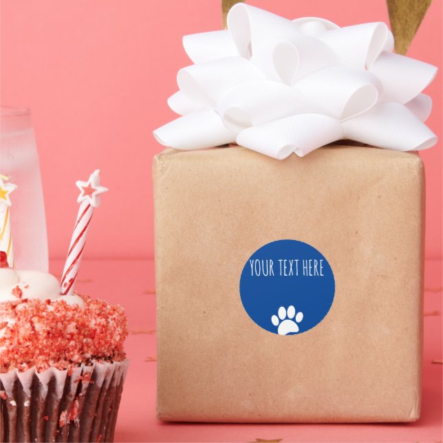 Dog Paw Print Custom Text Blue Classic Round Sticker (Party)