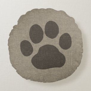 Dog Paw Print   Faux Linen Burlap Style Round Pillow