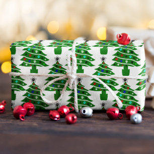 Dog Paw Print Green Christmas Tree With Ornaments Wrapping Paper