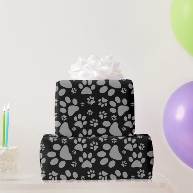 Dog Paw Print Grey and Black Wrapping Paper (Party Gifts)