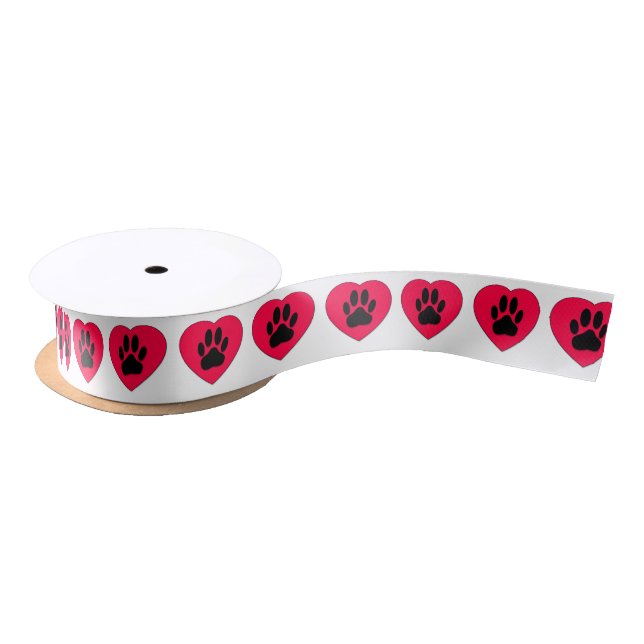 Dog Paw Print In Red Heart Satin Ribbon (Spool)