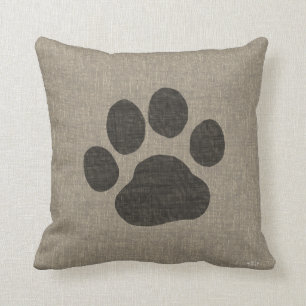 Dog Paw Print   Linen Burlap Style Throw Pillow