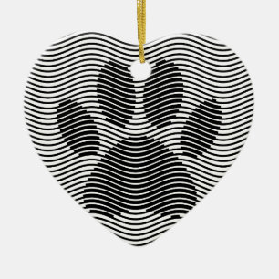 Dog Paw Print On Black And White Waves Ceramic Ornament