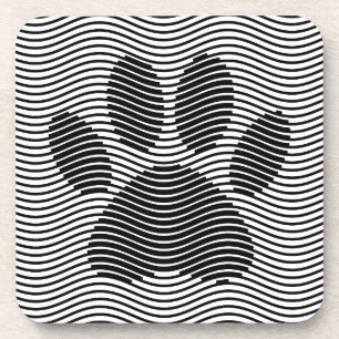 Dog Paw Print On Black And White Waves Coaster