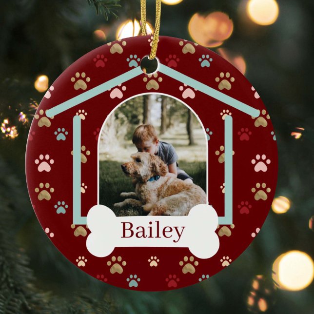 Dog Paw Print Pattern Custom Name Dog House Photo Ceramic Ornament (Creator Uploaded)