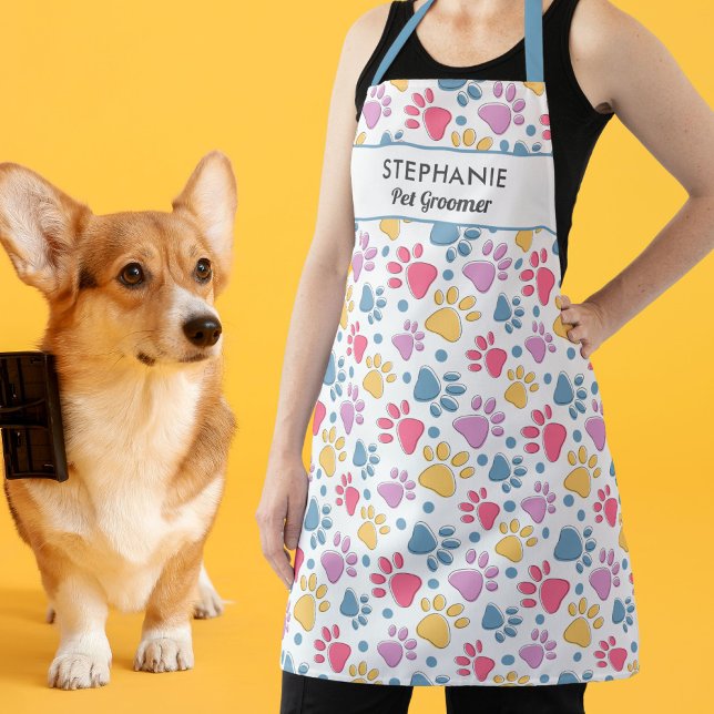 Dog Paw Print Pet Groomer Add Name Personalized Ap Apron (Creator Uploaded)