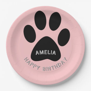 Dog Paw Print Pink Birthday Party Paper Plate