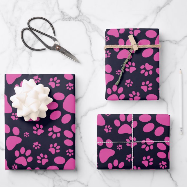 Dog Paw Print Purple and Black Wrapping Paper Sheet (Front)