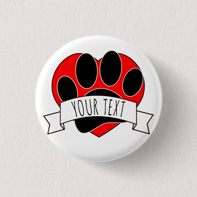 Dog Paw Print Red Heart Banner 1 Inch Round Button (Front)