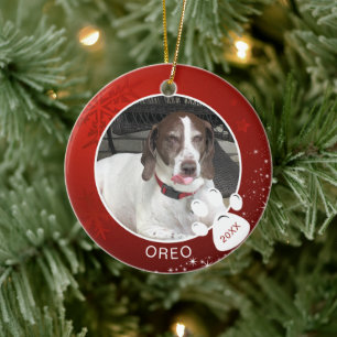 Dog Paw Print Red Snowflake Stars Photo Name Year Ceramic Ornament