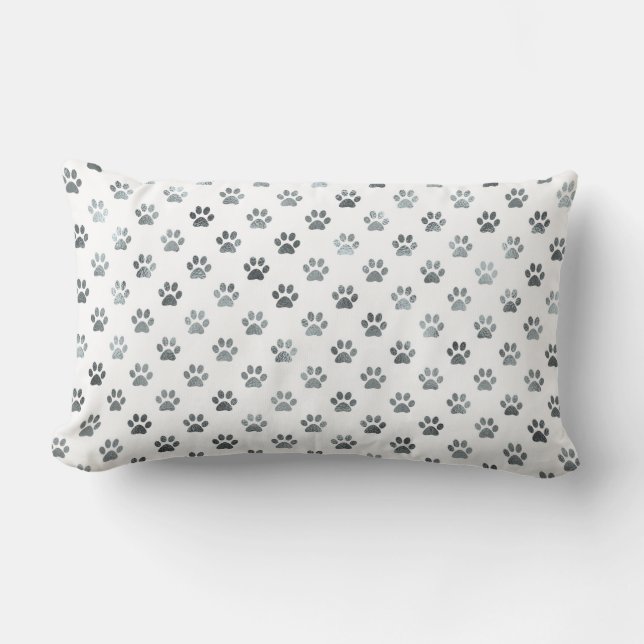 Dog Paw Print Silver Grey White Metallic Faux Foil Lumbar Pillow (Front)