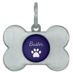Dog Paw Print Simple Script Blue Pet ID Tag