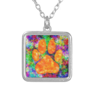 Dog Paw Print Watercolor Silver Plated Necklace