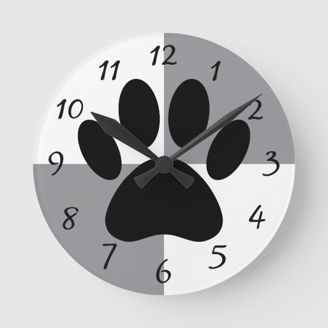 Dog Paw Print White and Grey Custom Round Clock (Front)