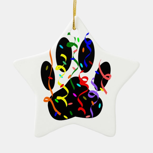 Dog Paw Print With Confetti And Streamer Ceramic Ornament (Front)