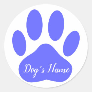 Dog Paw Print With Custom Name Blue Classic Round Sticker