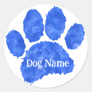 Dog Paw Print With Custom Name Blue Watercolor Classic Round Sticker