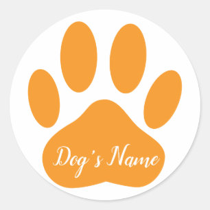 Dog Paw Print With Custom Name Orange Classic Round Sticker