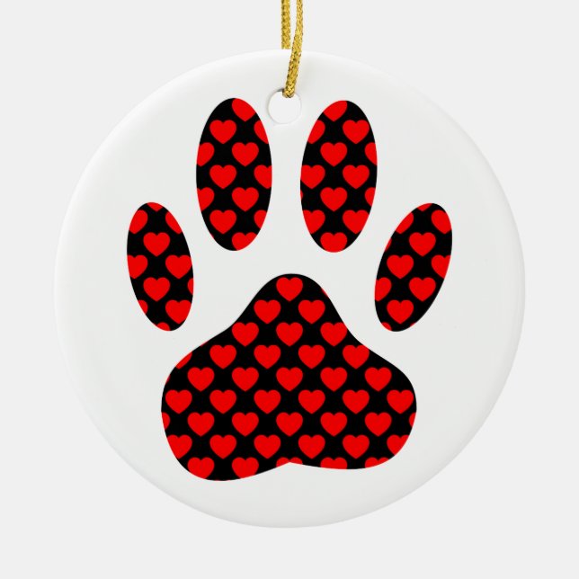 Dog Paw Print With Hearts Ceramic Ornament (Front)