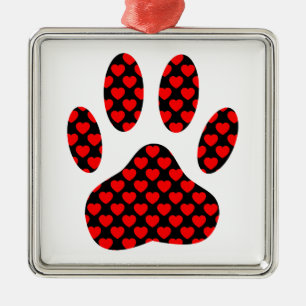 Dog Paw Print With Hearts Metal Ornament