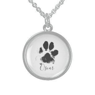 Dog Paw Print with Your Pet's Name - Black - Sterling Silver Necklace