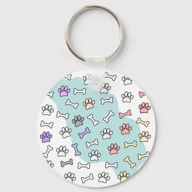 Dog Paw Prints And Bones Art Pattern Keychain (Front)