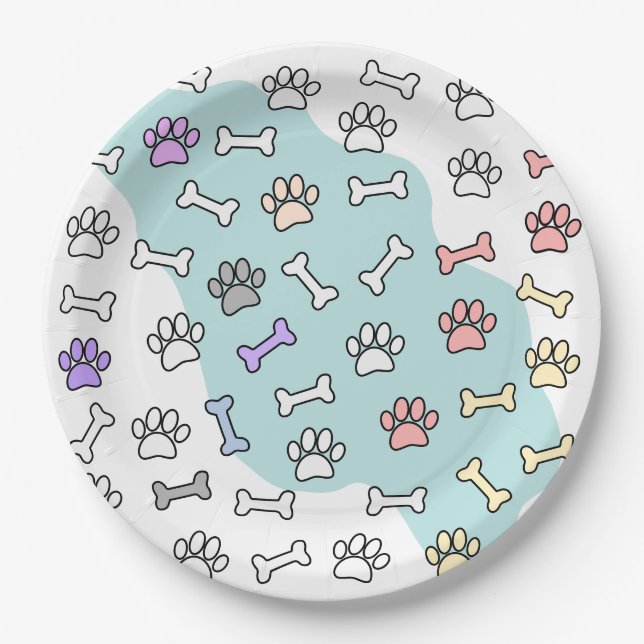 Dog Paw Prints And Bones Art Pattern Paper Plate (Front)