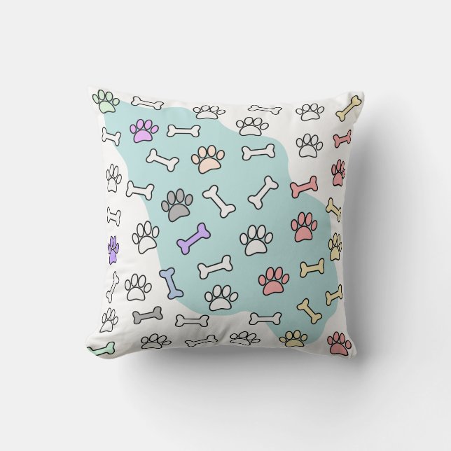 Dog Paw Prints And Bones Art Pattern Throw Pillow (Front)