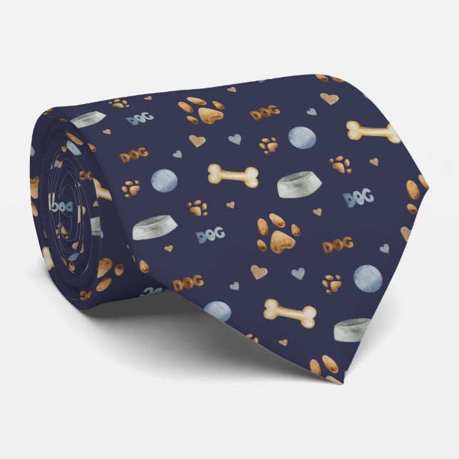 Dog Paw Prints and Bones Cute Tie (Rolled)