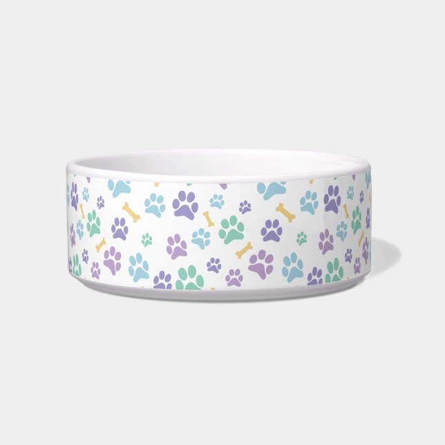 Dog Paw Prints and Bones Pastel Colours Bowl (Front)