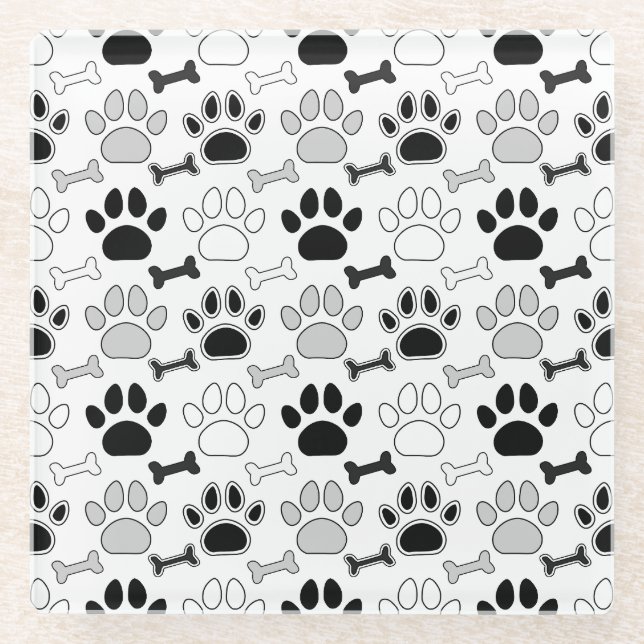 Dog Paw Prints and Bones Pattern Glass Coaster (Front)