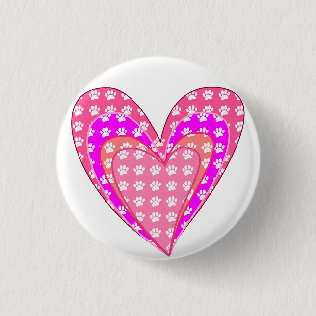 Dog Paw Prints And Pink Hearts 1 Inch Round Button (Front)
