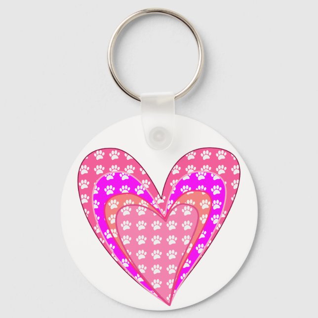 Dog Paw Prints And Pink Hearts Keychain (Front)