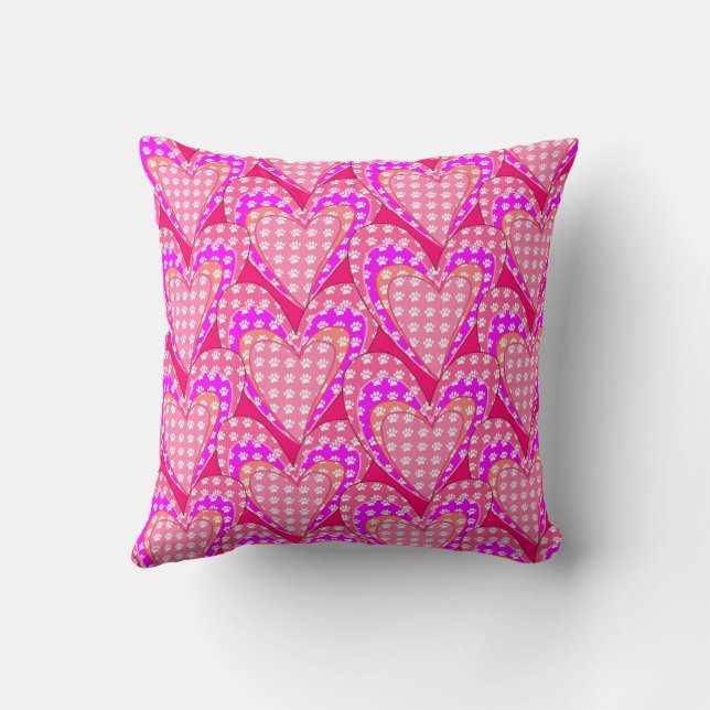 Dog Paw Prints And Pink Hearts Pattern Throw Pillow (Back)