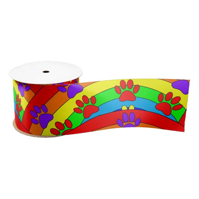 Dog Paw Prints And Rainbow Pattern Satin Ribbon (Spool)