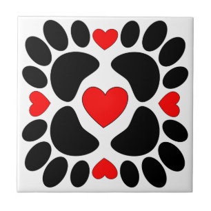 Dog Paw Prints And Red Hearts Pattern Tile