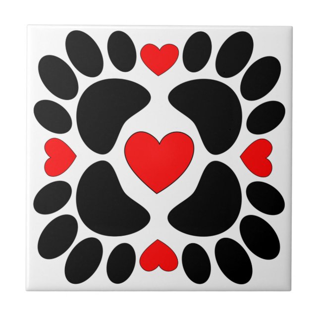 Dog Paw Prints And Red Hearts Pattern Tile (Front)
