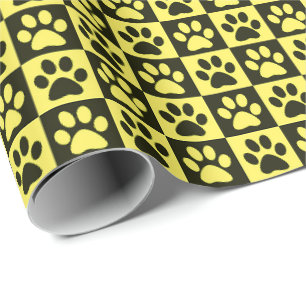 Dog Paw Prints black and yellow Wrapping Paper
