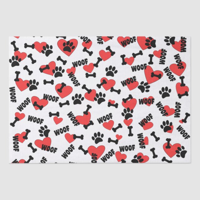Dog Paw Prints Bones Heart And Woofs Pattern Tissue Paper (Front)