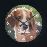 Dog Paw Prints Custom Photo Round Clock<br><div class="desc">Dogs leave paw prints in your heart. 
Display your favourite best friend's photo with this beautiful personalized clock design.</div>