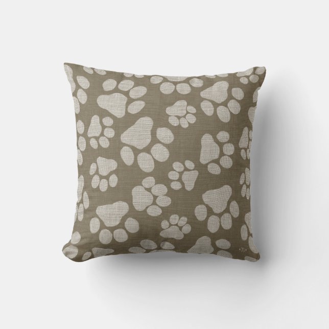 Dog Paw Prints | Faux Burlap Style Throw Pillow (Front)