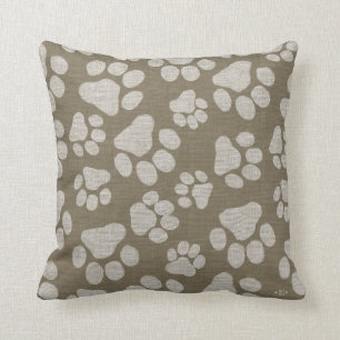 Dog Paw Prints Faux Burlap Style Throw Pillow