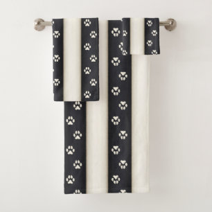Dog Paw Prints on Black & Antique White Stripes Bath Towel Set