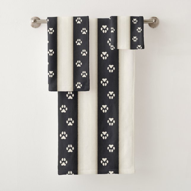 Dog Paw Prints on Black & Antique White Stripes Bath Towel Set (Insitu)