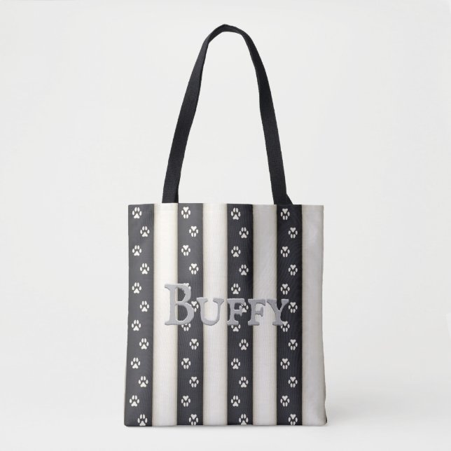 Dog Paw Prints on Black & White Stripes Custom Tote Bag (Front)