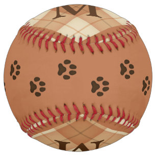 Dog Paw Prints on Brown Tartan Personalized Softball