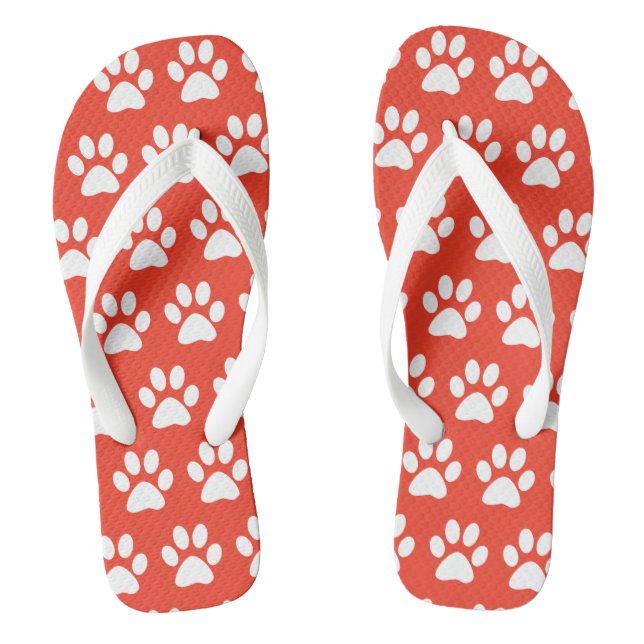 Dog Paw Prints On Dark Coral Flip Flops (Footbed)
