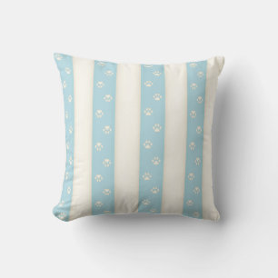 Dog Paw Prints on Pale Blue & Antique White Stripe Throw Pillow