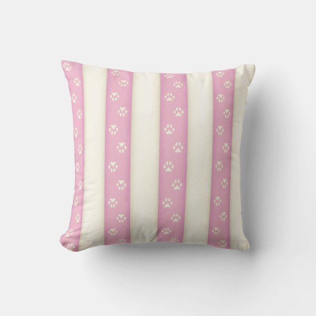 Dog Paw Prints on Pink & Antique White Stripes Throw Pillow (Front)